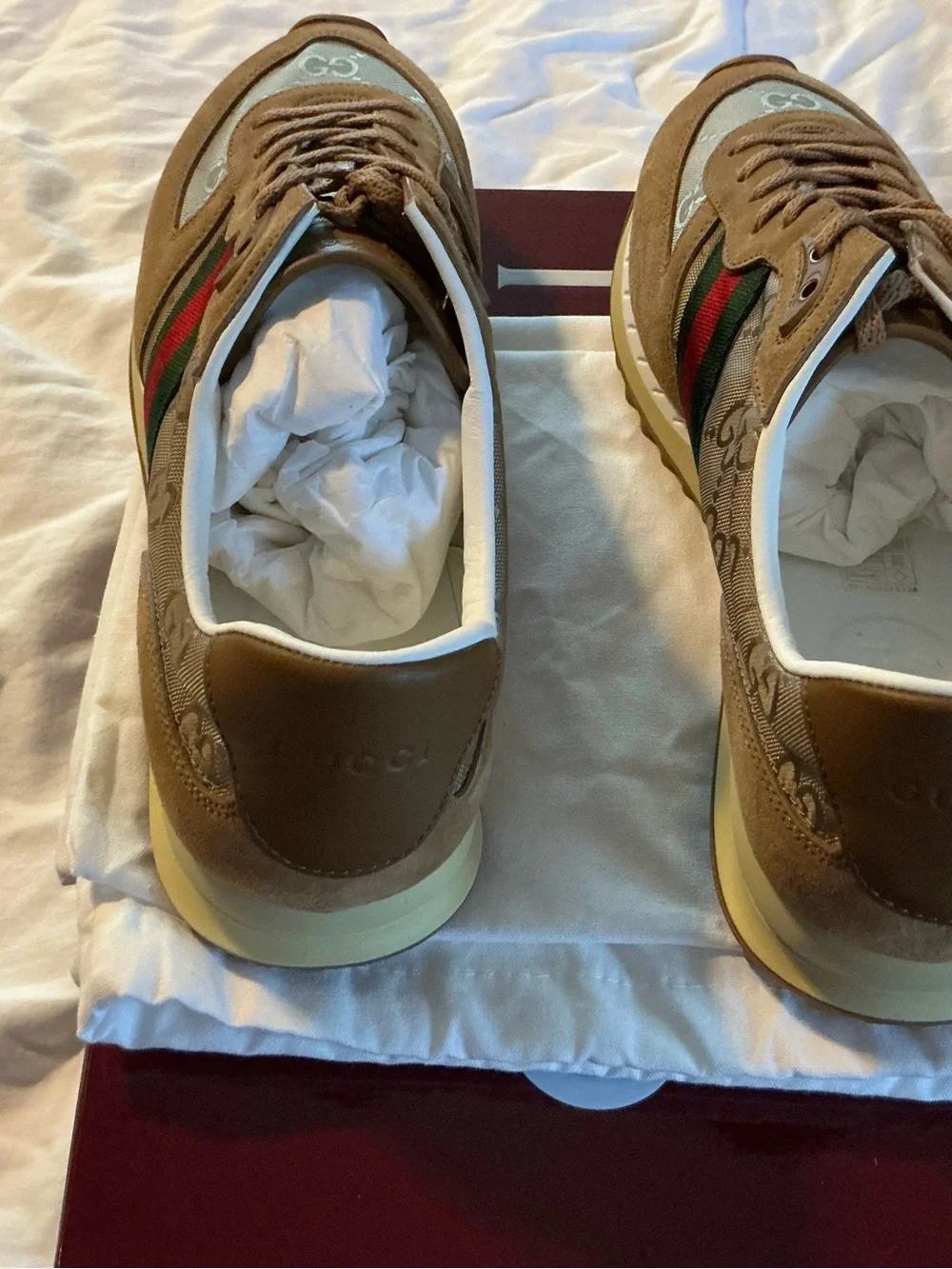 Gucci Beige Monogram Sneakers with Green & Red Web Stripe